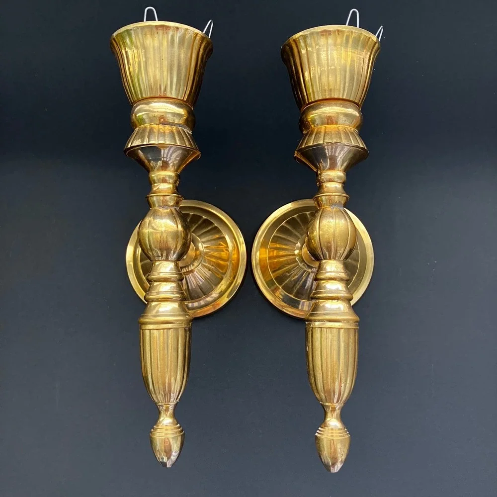 Vintage Brass Wall Sconces Pair Fluted Spindle Candle Holders Made in India 10